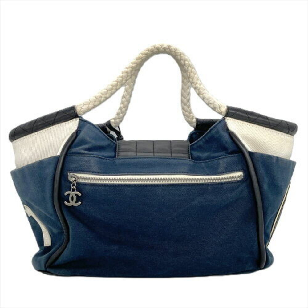Chanel Navy Blue Bar Canvas Handbag Coco Chocolate Handles Rope Mark